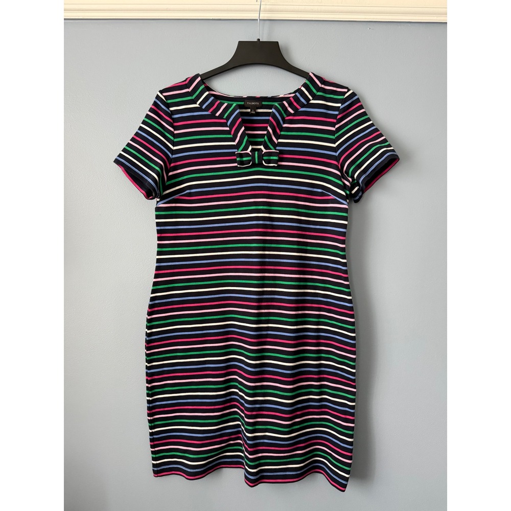 Talbots Striped Knit‎ V-Neck Bow Detail Short Sleeve Women's Dress Size Large